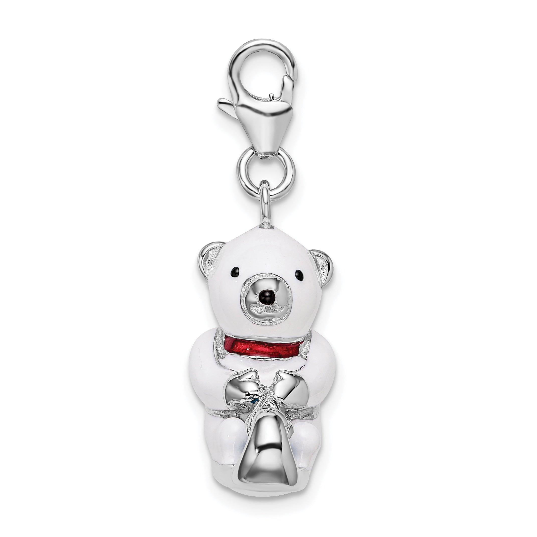 Sterling Silver Amore La Vita Rhodium-Plated Polished 3-D Enameled Polar Bear On Sled Charm With Fancy Lobster Clasp