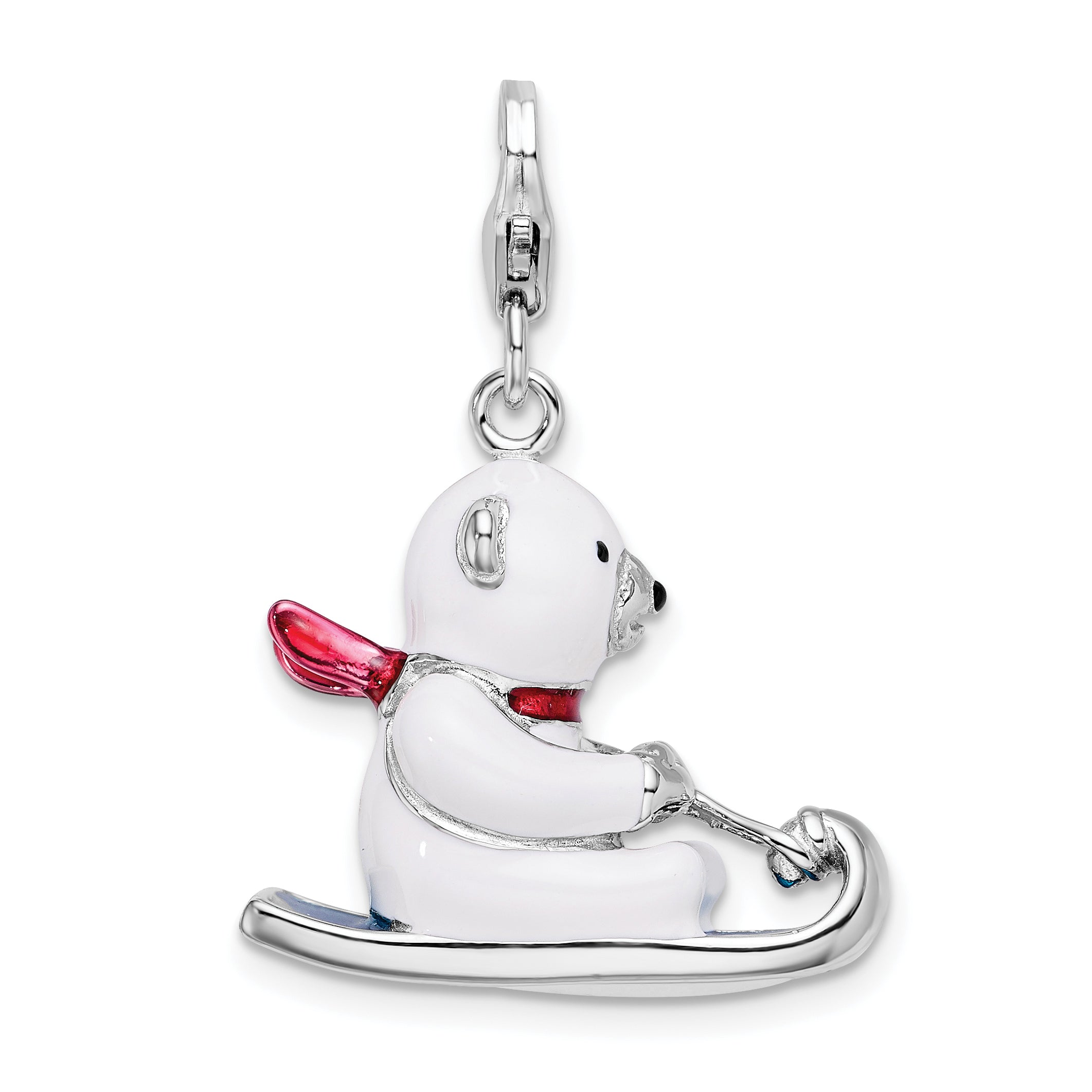 Sterling Silver Amore La Vita Rhodium-Plated Polished 3-D Enameled Polar Bear On Sled Charm With Fancy Lobster Clasp