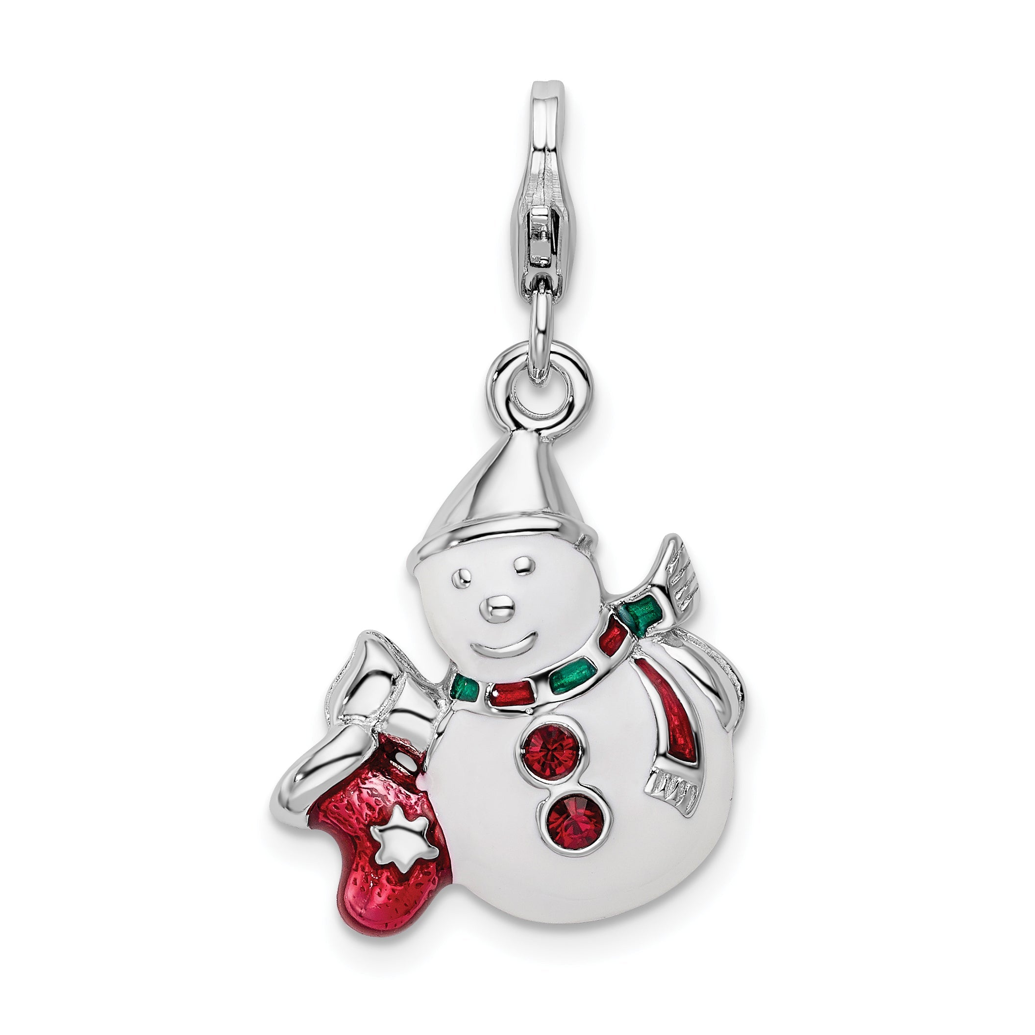Sterling Silver Amore La Vita Rhodium-Plated Polished 3-D Enameled Crystal From Swarovski Snowman Charm With Fancy Lobster Clasp