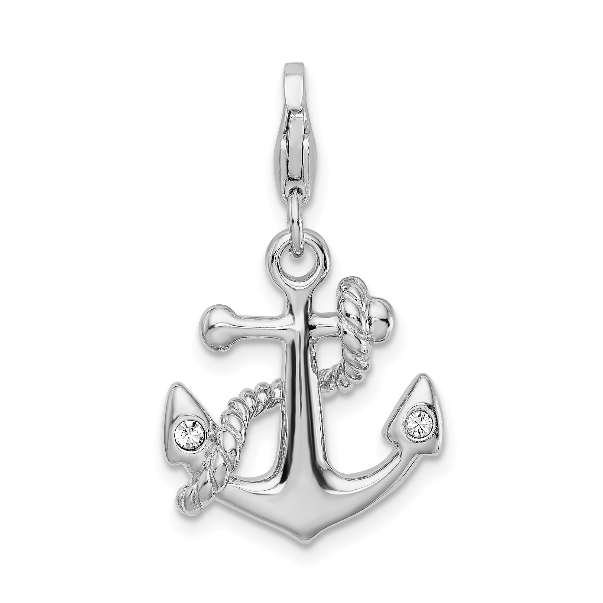 Sterling Silver Amore La Vita Rhodium-Plated Polished 3-D Enameled Swarovski Crystal Anchor Charm With Fancy Lobster Clasp