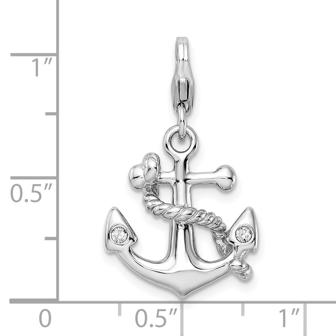 Sterling Silver Amore La Vita Rhodium-Plated Polished 3-D Enameled Swarovski Crystal Anchor Charm With Fancy Lobster Clasp