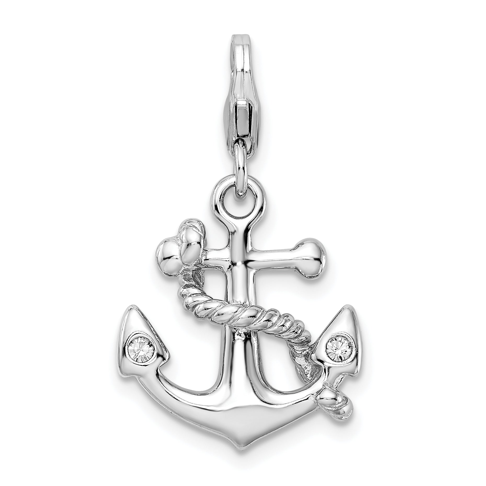 Sterling Silver Amore La Vita Rhodium-Plated Polished 3-D Enameled Swarovski Crystal Anchor Charm With Fancy Lobster Clasp