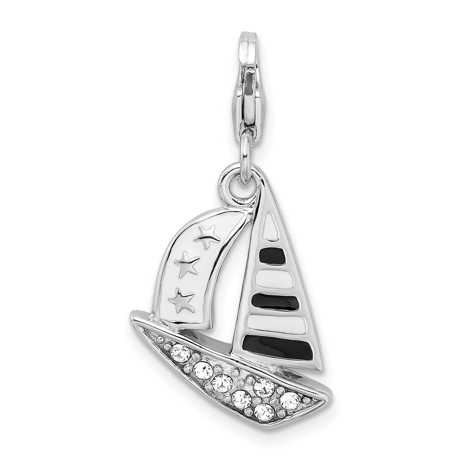 Sterling Silver Amore La Vita Rhodium-Plated Polished 3-D Enameled Swarovski Crystal Sailboat Charm With Fancy Lobster Clasp