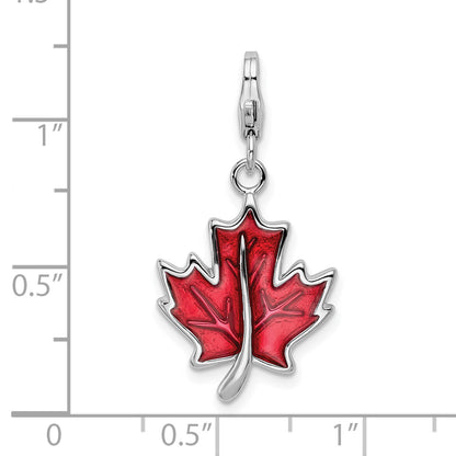 Sterling Silver Amore La Vita Rhodium-Plated Polished 3-D Enameled Maple Leaf Charm With Fancy Lobster Clasp