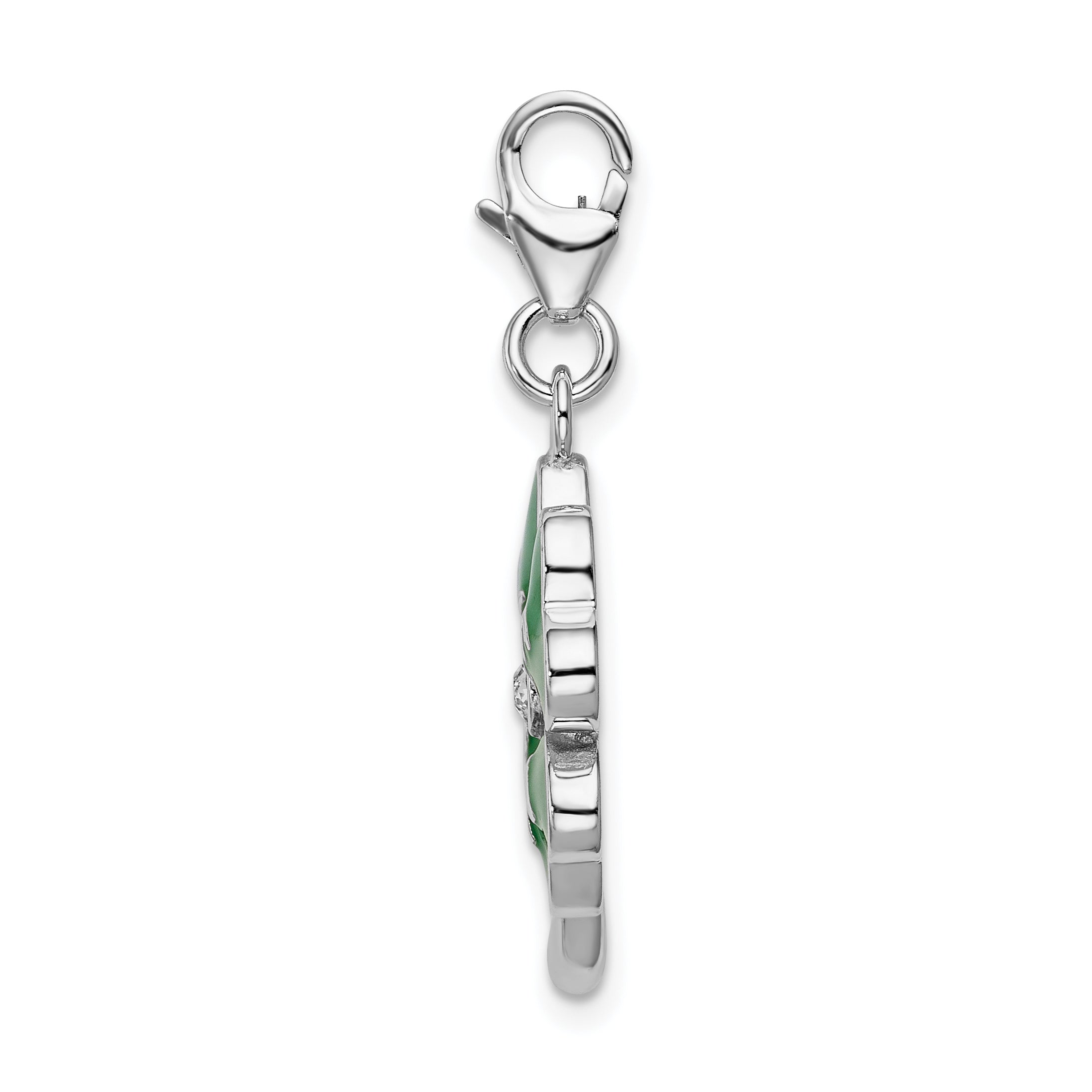 Sterling Silver Amore La Vita Rhodium-Plated Polished 3-D Green Enameled 4 Leaf Clover And Clear Crystal From Swarovski Love Charm With Fancy Lobster Clasp