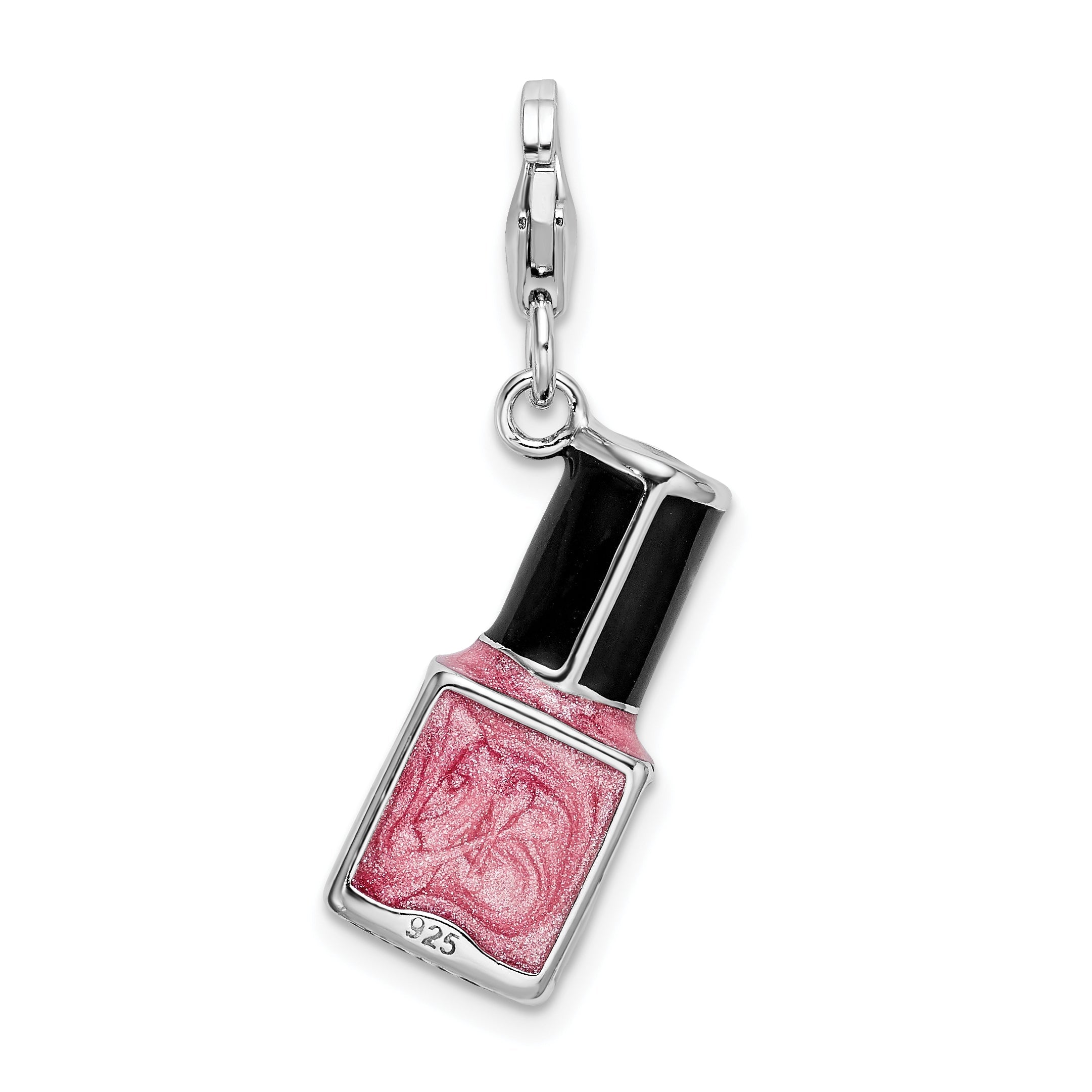 Sterling Silver Amore La Vita Rhodium-Plated Polished 3-D Enameled Pink Nail Polish Bottle Charm With Fancy Lobster Clasp