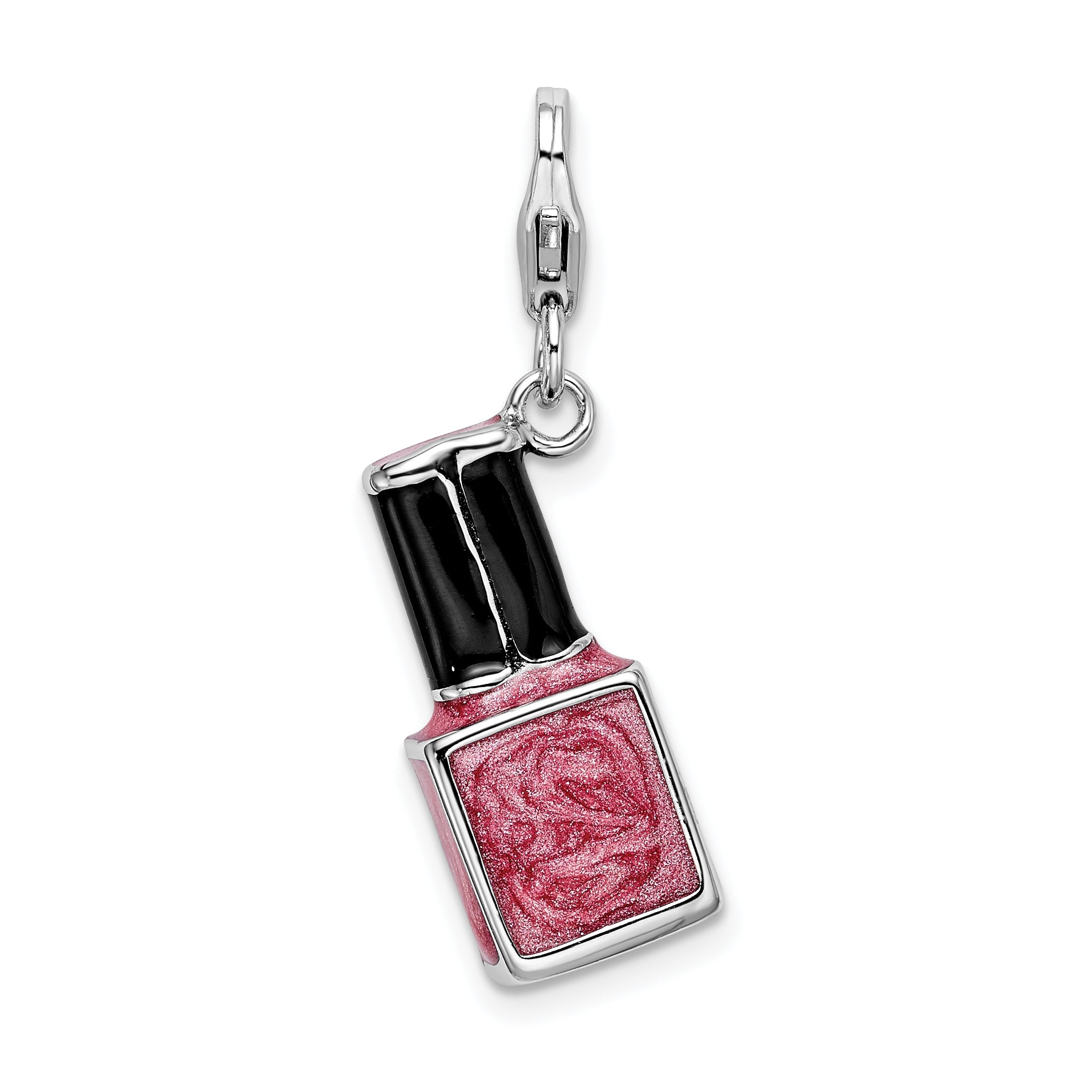 Sterling Silver Amore La Vita Rhodium-Plated Polished 3-D Enameled Pink Nail Polish Bottle Charm With Fancy Lobster Clasp