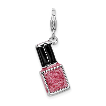 Sterling Silver Amore La Vita Rhodium-Plated Polished 3-D Enameled Pink Nail Polish Bottle Charm With Fancy Lobster Clasp