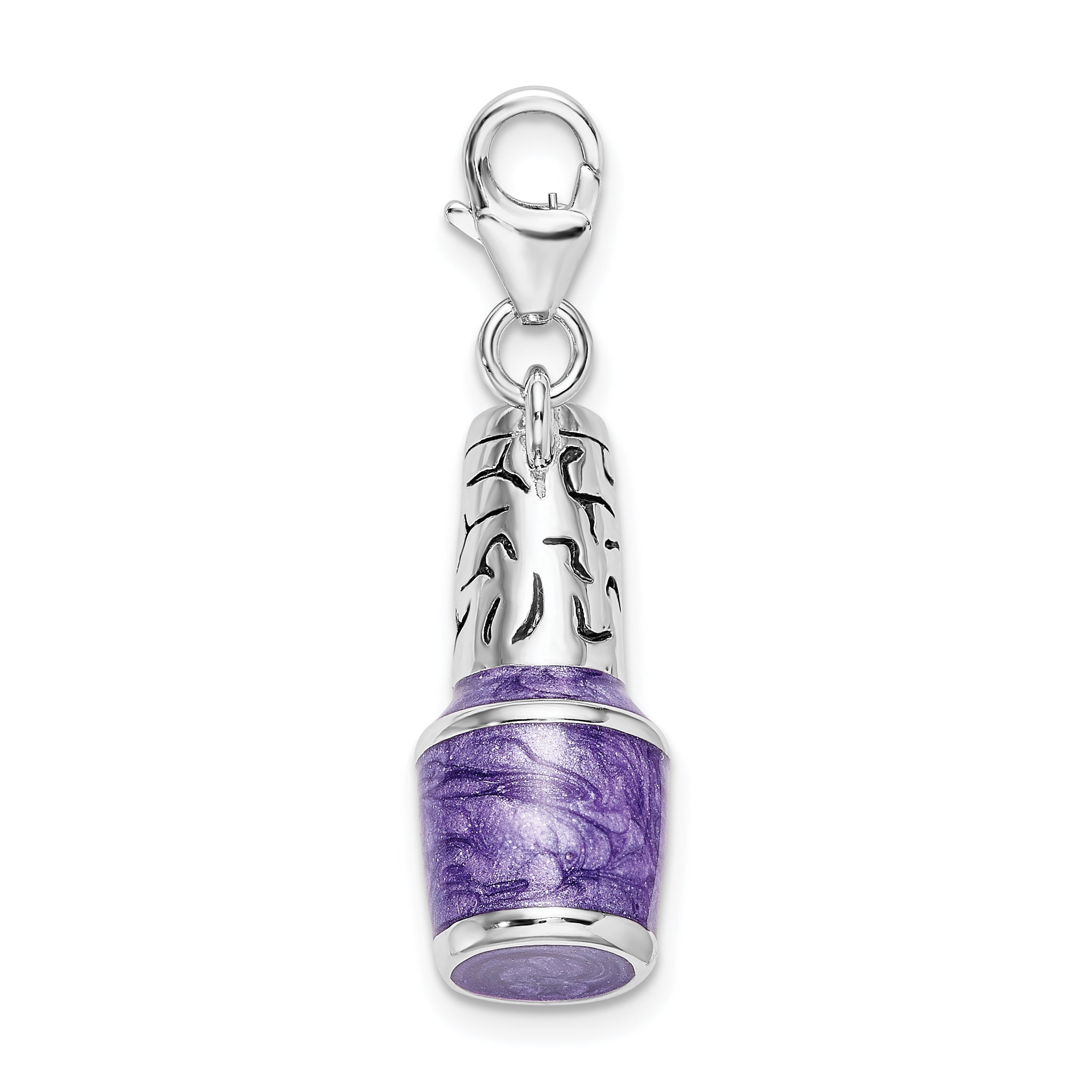 Sterling Silver Amore La Vita Rhodium-Plated Polished 3-D Enameled Purple Nail Polish Bottle Charm With Fancy Lobster Clasp