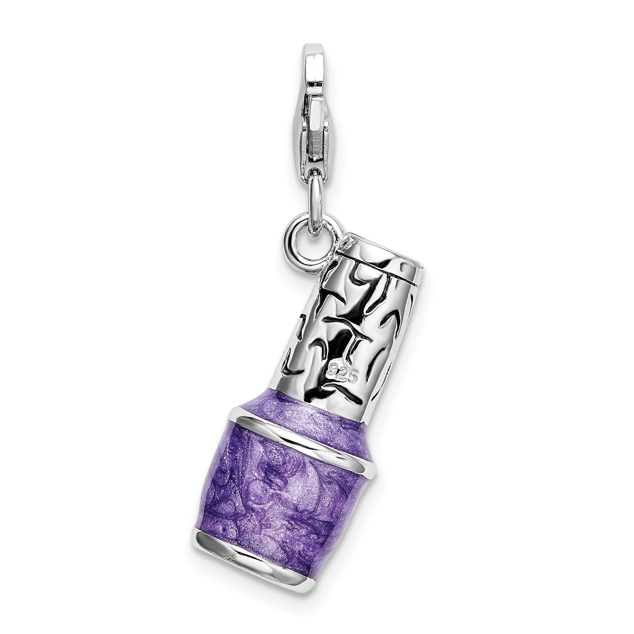 Sterling Silver Amore La Vita Rhodium-Plated Polished 3-D Enameled Purple Nail Polish Bottle Charm With Fancy Lobster Clasp