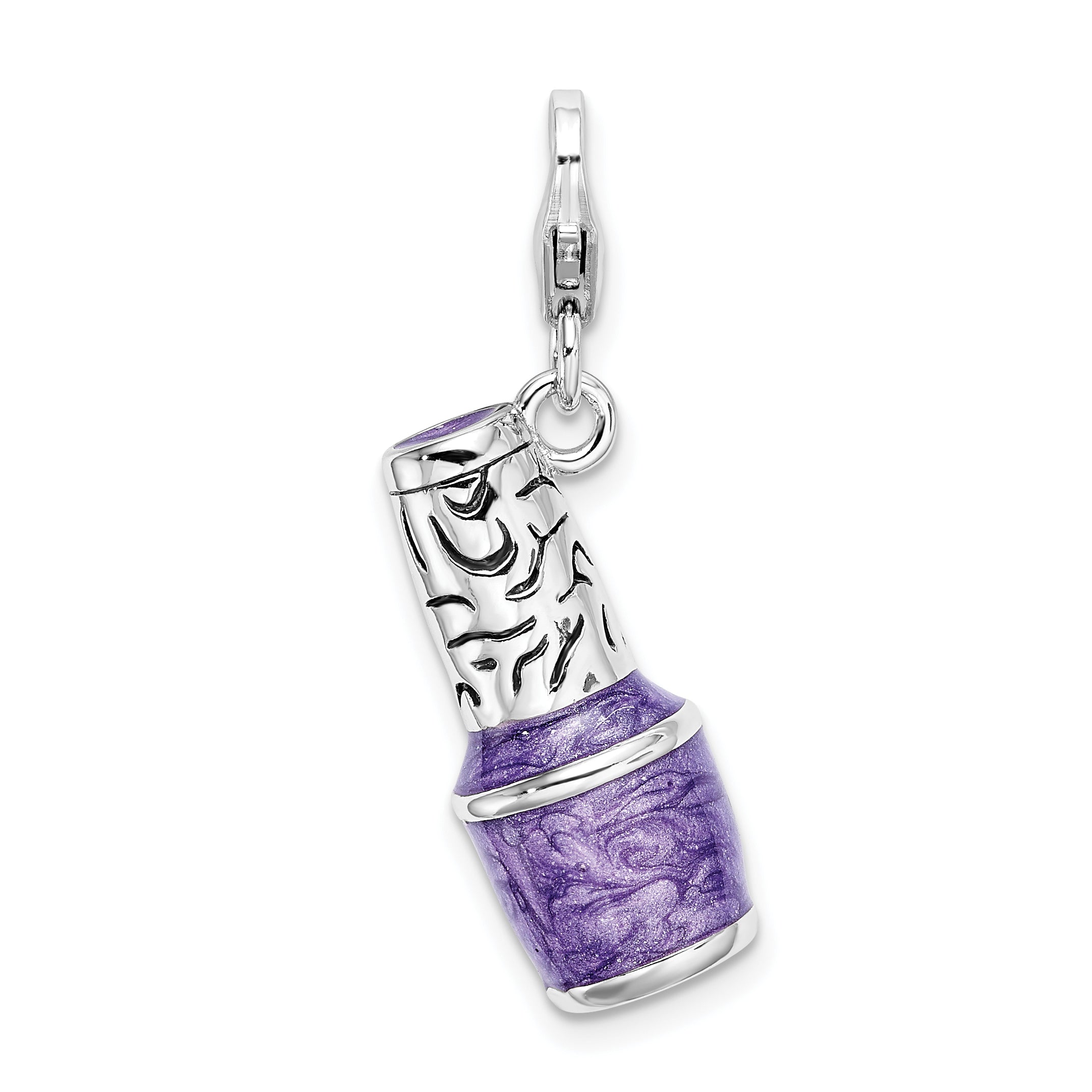 Sterling Silver Amore La Vita Rhodium-Plated Polished 3-D Enameled Purple Nail Polish Bottle Charm With Fancy Lobster Clasp