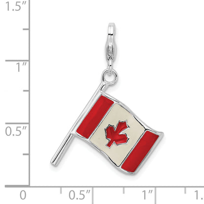 Sterling Silver Ss Rh 3-D Enameled Canadian Flag W/Lobster Clasp Charm