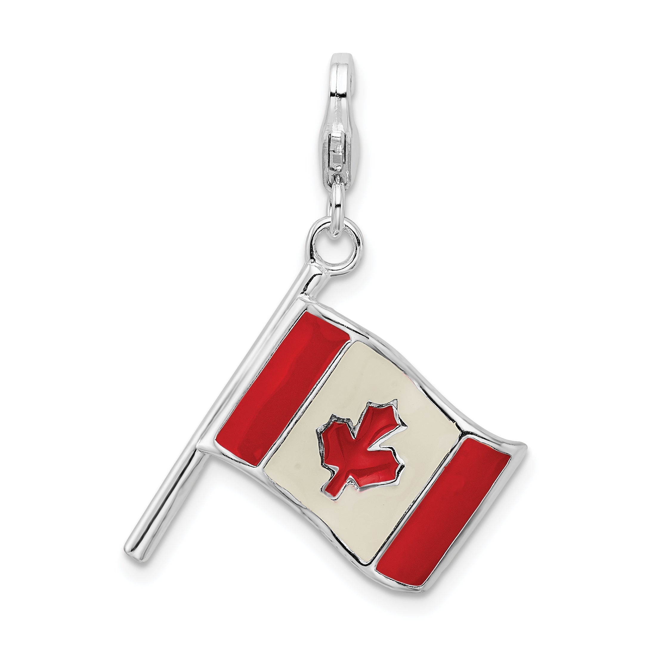 Sterling Silver Ss Rh 3-D Enameled Canadian Flag W/Lobster Clasp Charm