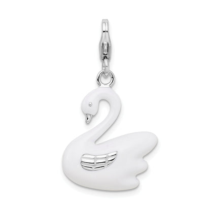 Sterling Silver Amore La Vita Rhodium-Plated Polished 3-D Enameled Swan Charm With Fancy Lobster Clasp