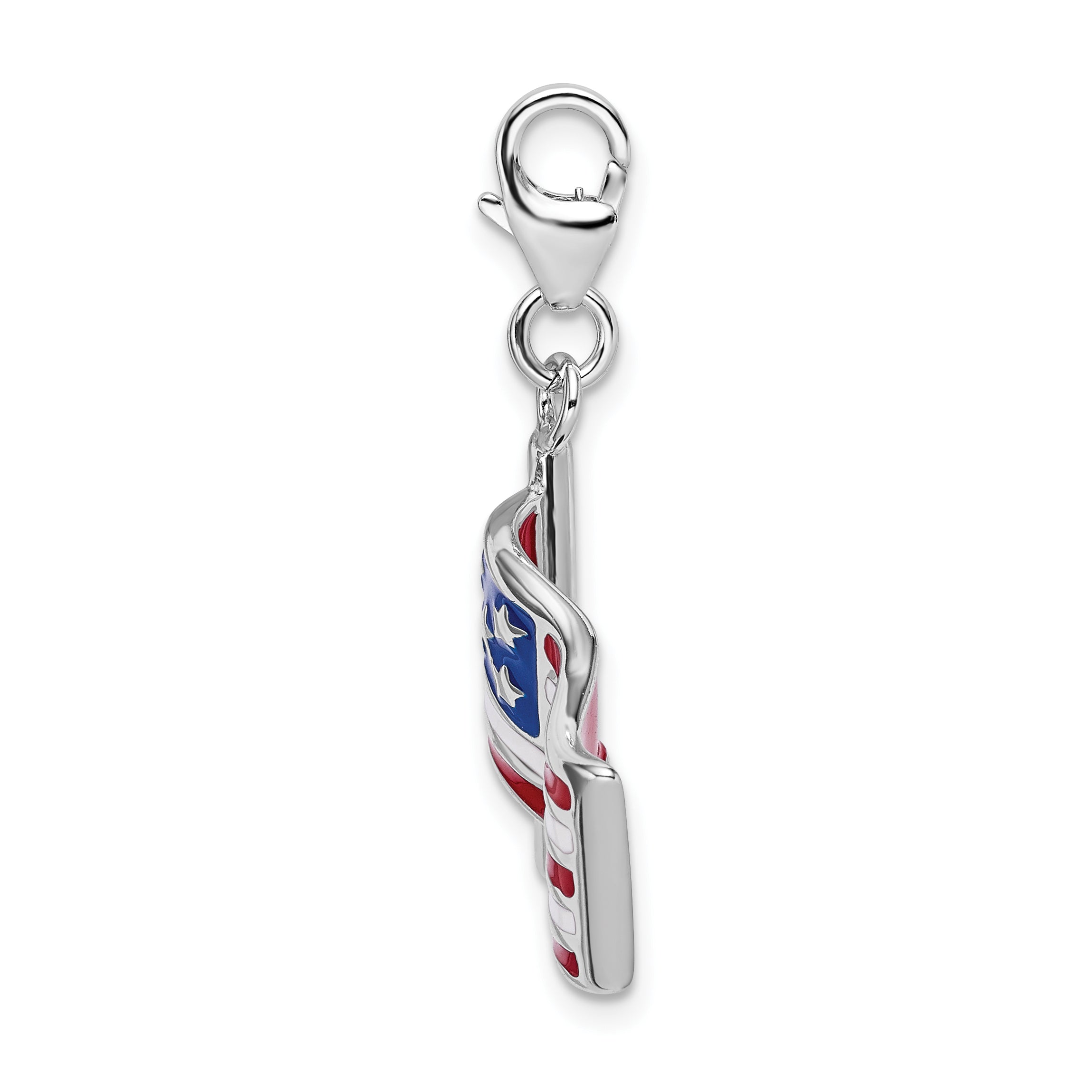 Sterling Silver Amore La Vita Rhodium-Plated Polished Reversible Enameled American Flag Charm With Fancy Lobster Clasp