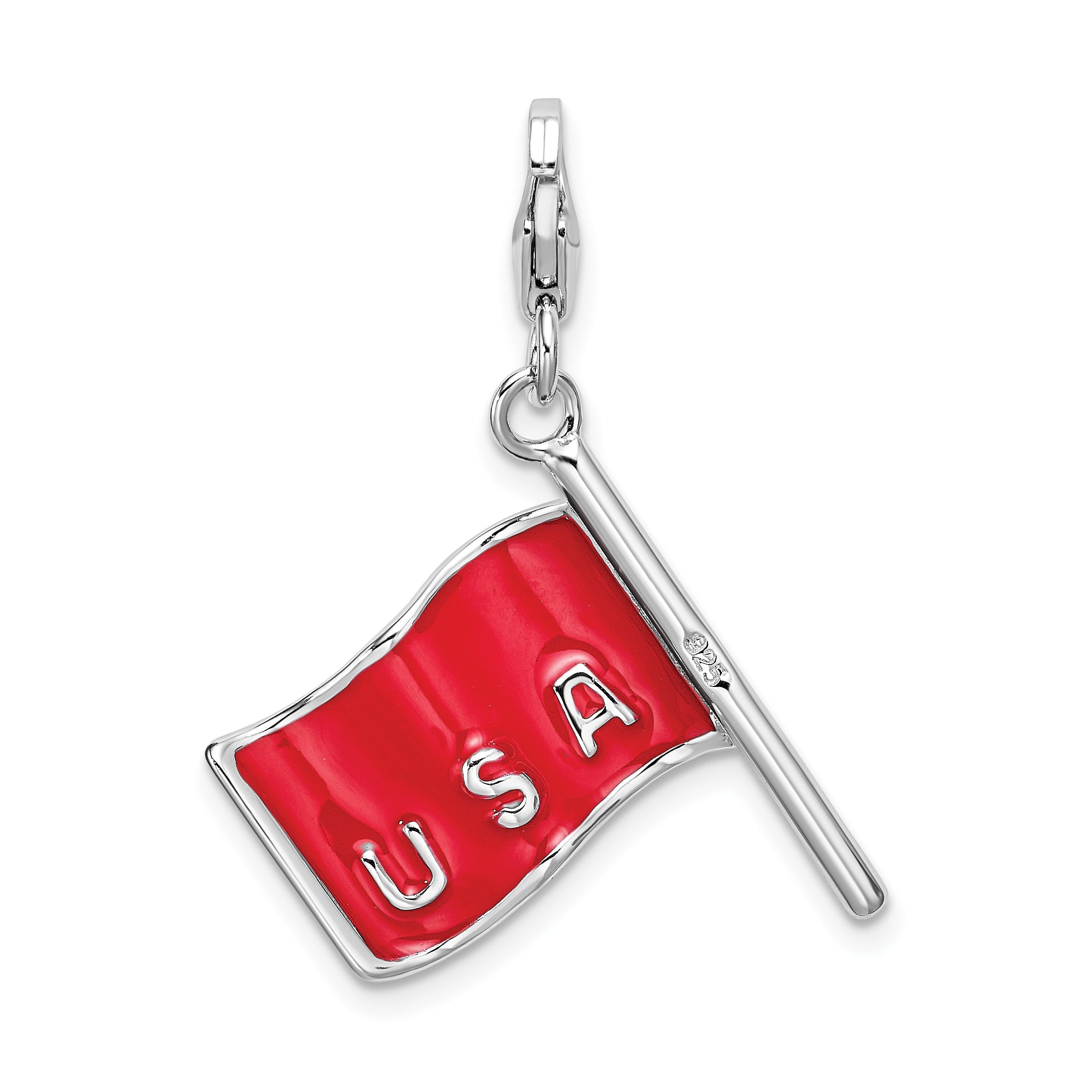 Sterling Silver Amore La Vita Rhodium-Plated Polished Reversible Enameled American Flag Charm With Fancy Lobster Clasp