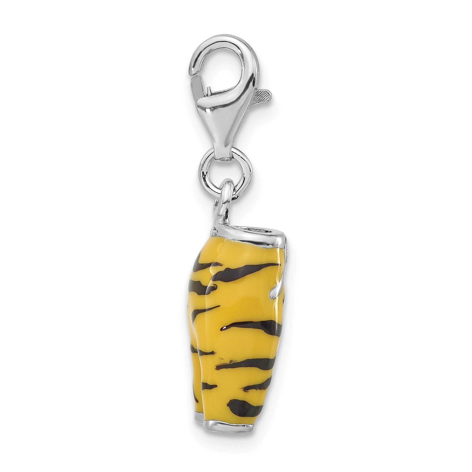 Sterling Silver 3-D Polished Cz Yellow/Black Enamel Tiger Pants Charm W/ Lobster Clasp