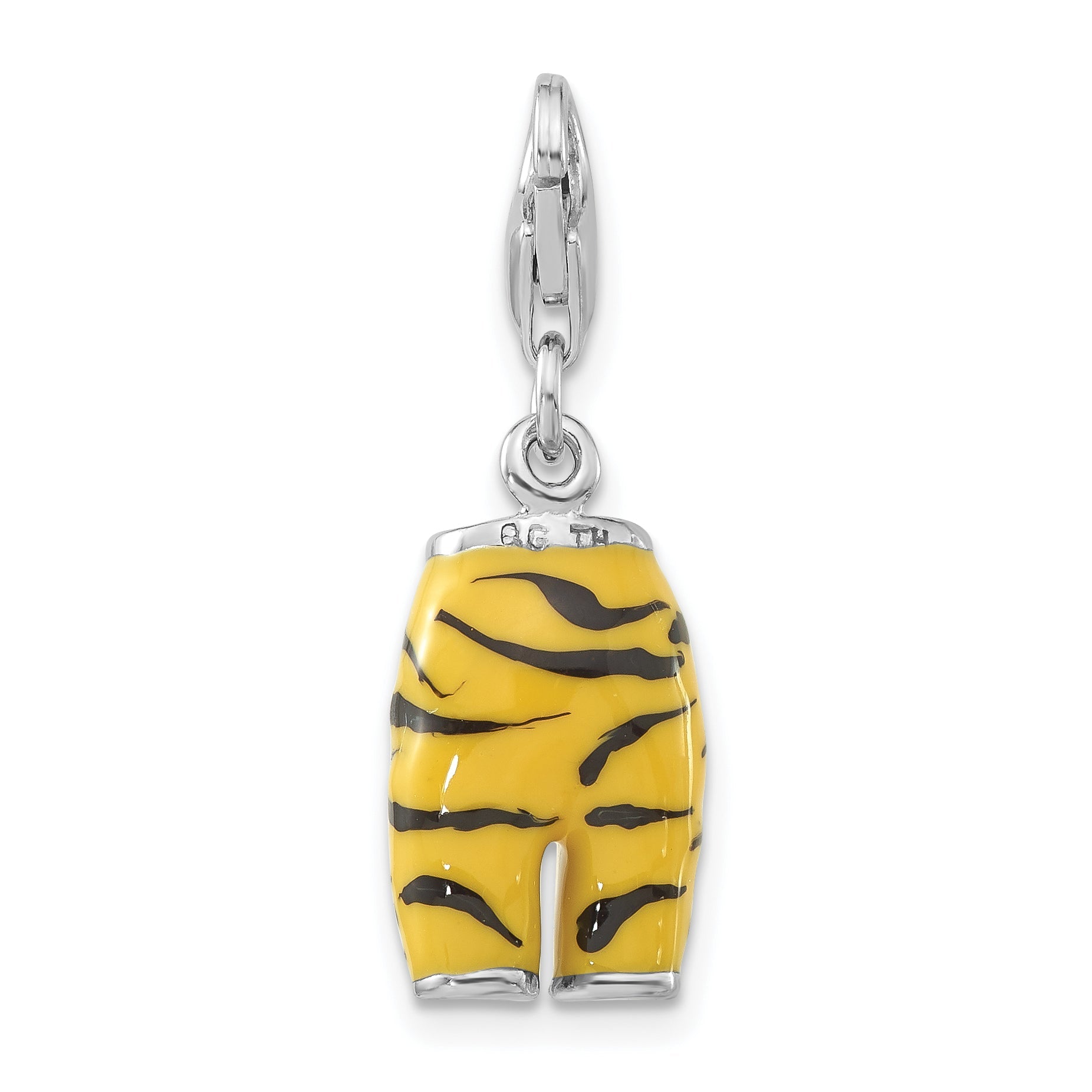 Sterling Silver 3-D Polished Cz Yellow/Black Enamel Tiger Pants Charm W/ Lobster Clasp
