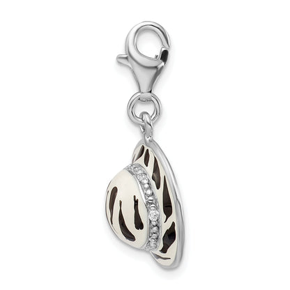 Sterling Silver Amore La Vita Rhodium-Plated Polished 3-D Cz Enameled Zebra Hat Charm With Fancy Lobster Clasp