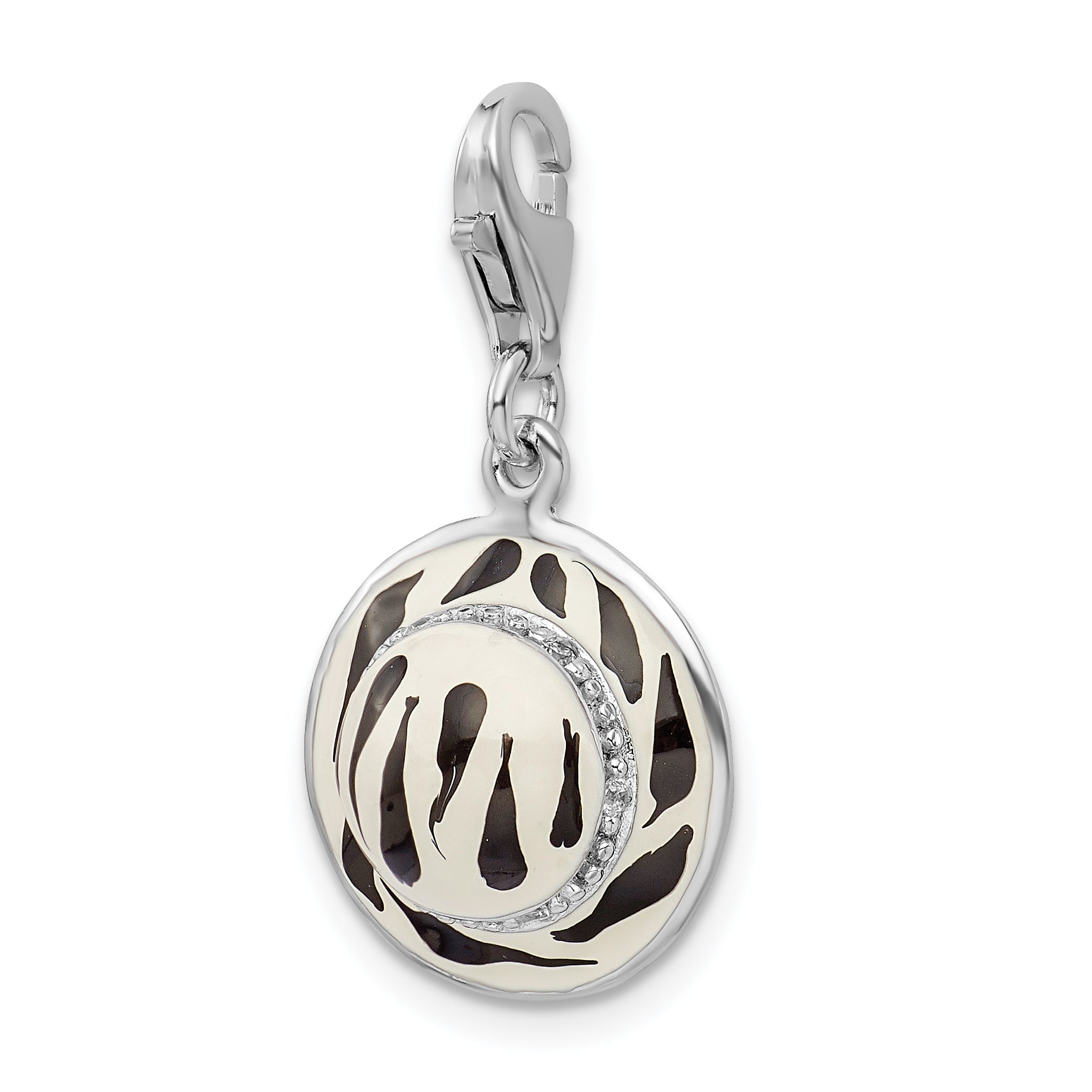 Sterling Silver Amore La Vita Rhodium-Plated Polished 3-D Cz Enameled Zebra Hat Charm With Fancy Lobster Clasp