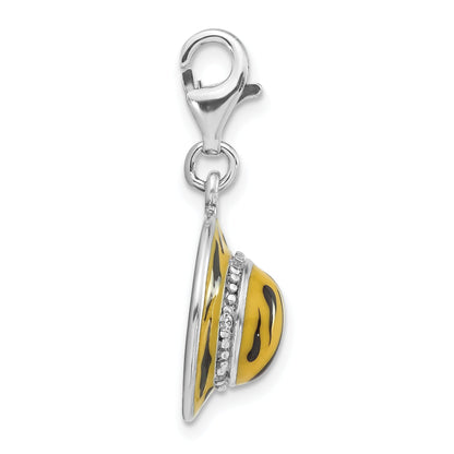 Sterling Silver 3-D Polished Cz Yellow/Black Enamel Tiger Hat Charm W/ Lobster Clasp