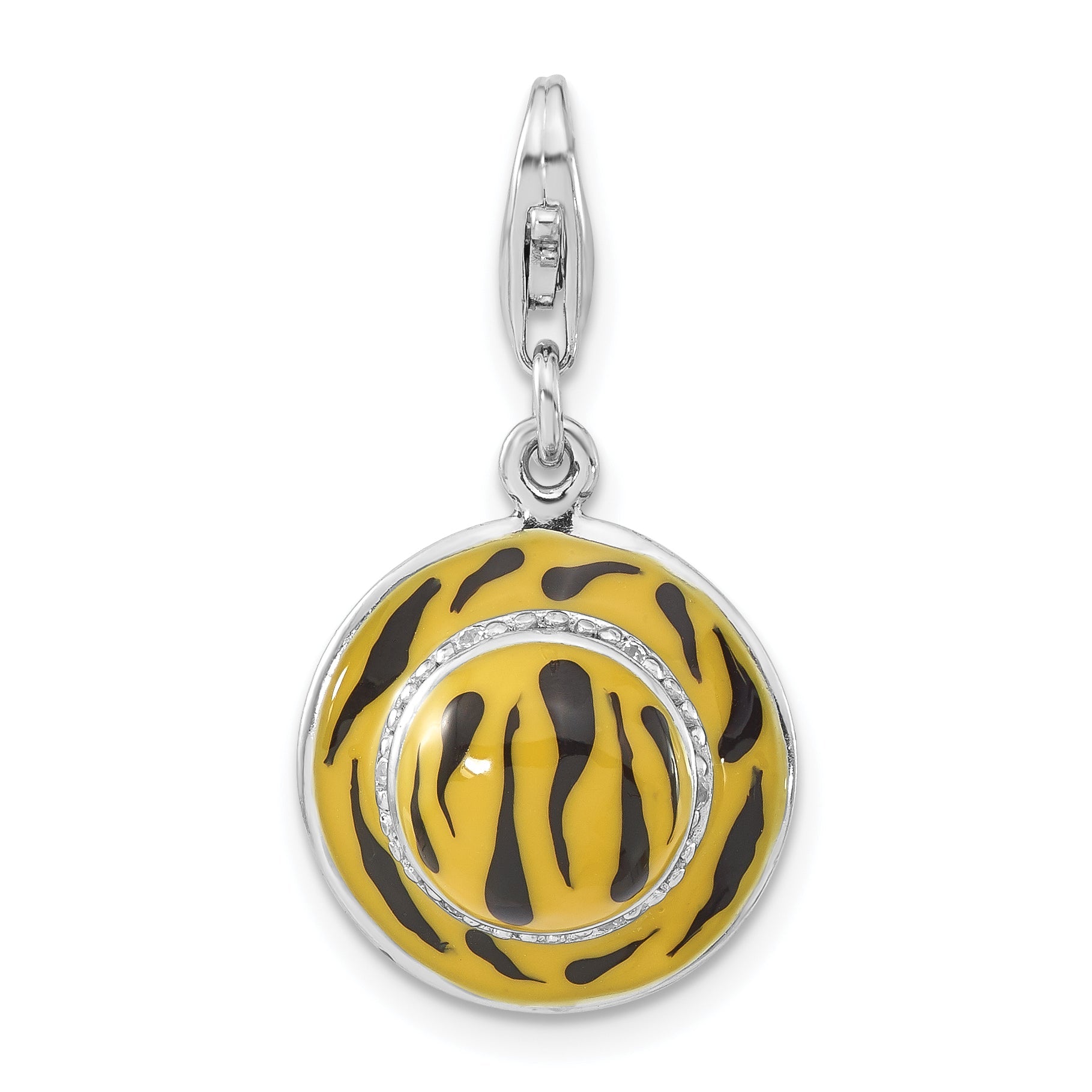 Sterling Silver 3-D Polished Cz Yellow/Black Enamel Tiger Hat Charm W/ Lobster Clasp