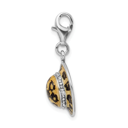 Sterling Silver Amore La Vita Rhodium-Plated Polished 3-D Cz Enameled Leopard Hat Charm With Fancy Lobster Clasp