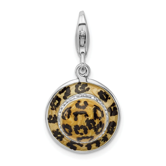 Sterling Silver Amore La Vita Rhodium-Plated Polished 3-D Cz Enameled Leopard Hat Charm With Fancy Lobster Clasp