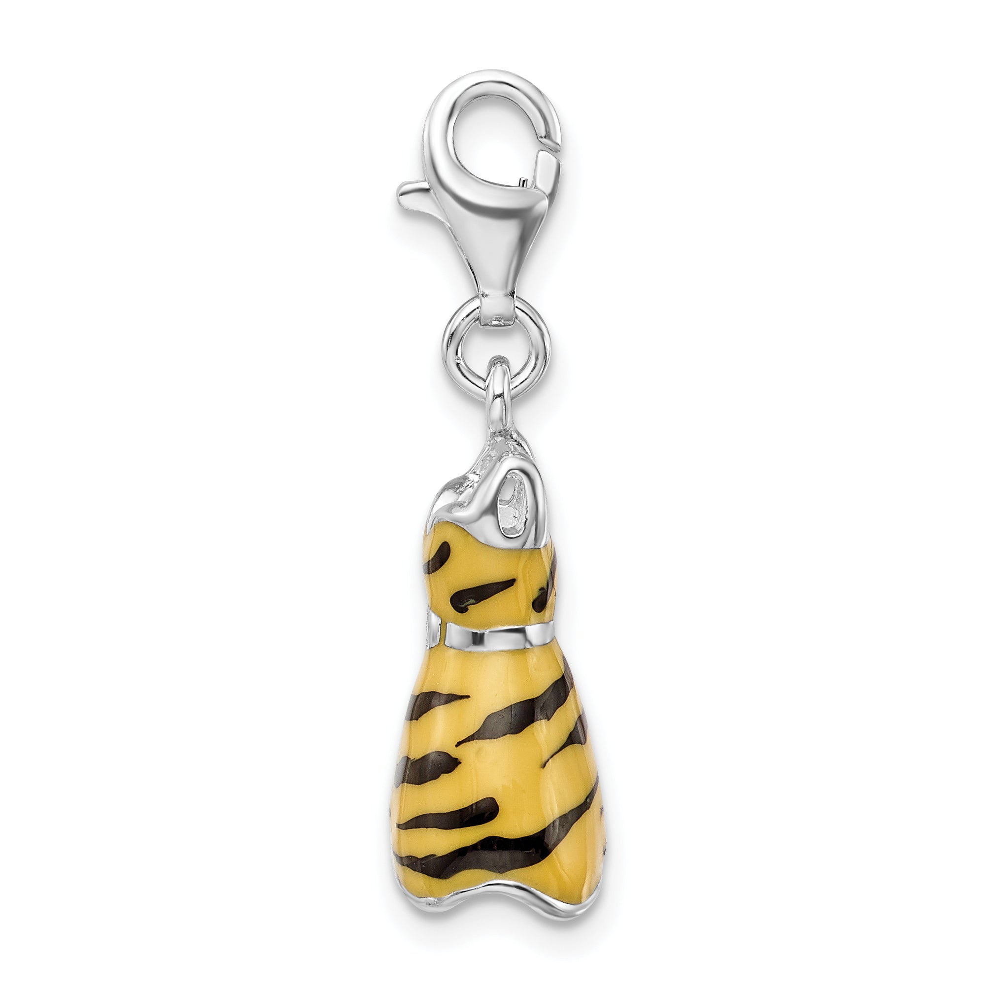 Sterling Silver Amore La Vita Rhodium-Plated Polished 3-D Cz Enameled Tiger Dress Charm With Fancy Lobster Clasp