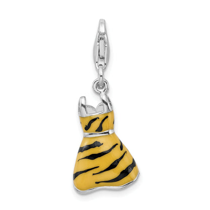 Sterling Silver Amore La Vita Rhodium-Plated Polished 3-D Cz Enameled Tiger Dress Charm With Fancy Lobster Clasp