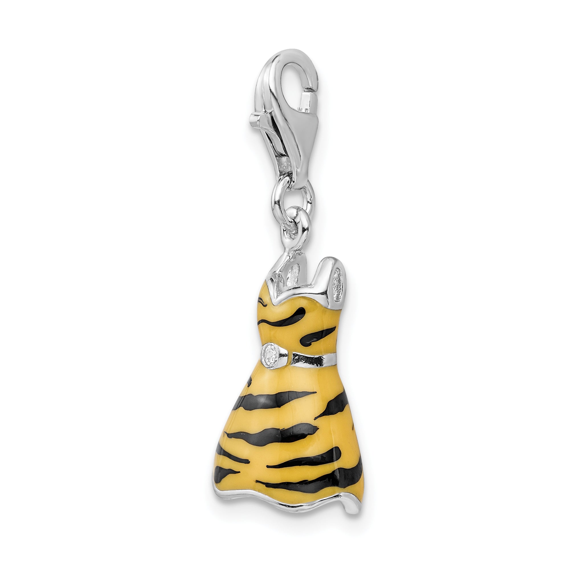 Sterling Silver Amore La Vita Rhodium-Plated Polished 3-D Cz Enameled Tiger Dress Charm With Fancy Lobster Clasp
