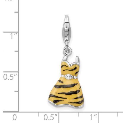 Sterling Silver Amore La Vita Rhodium-Plated Polished 3-D Cz Enameled Tiger Dress Charm With Fancy Lobster Clasp
