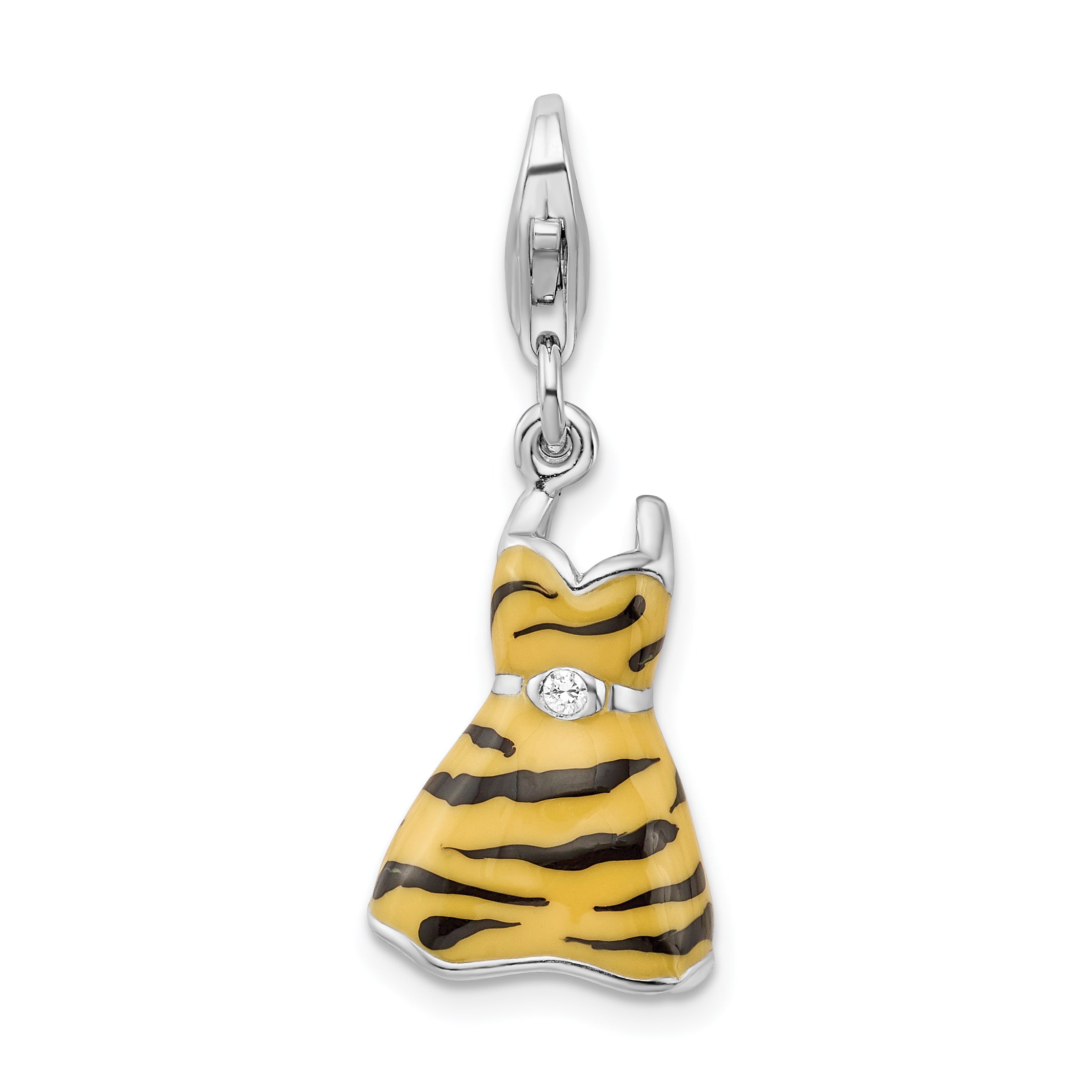 Sterling Silver Amore La Vita Rhodium-Plated Polished 3-D Cz Enameled Tiger Dress Charm With Fancy Lobster Clasp