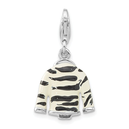 Sterling Silver Polished 3-D Cz & Black/White Enamel Zebra Jacket W/ Lobster Clasp Charm