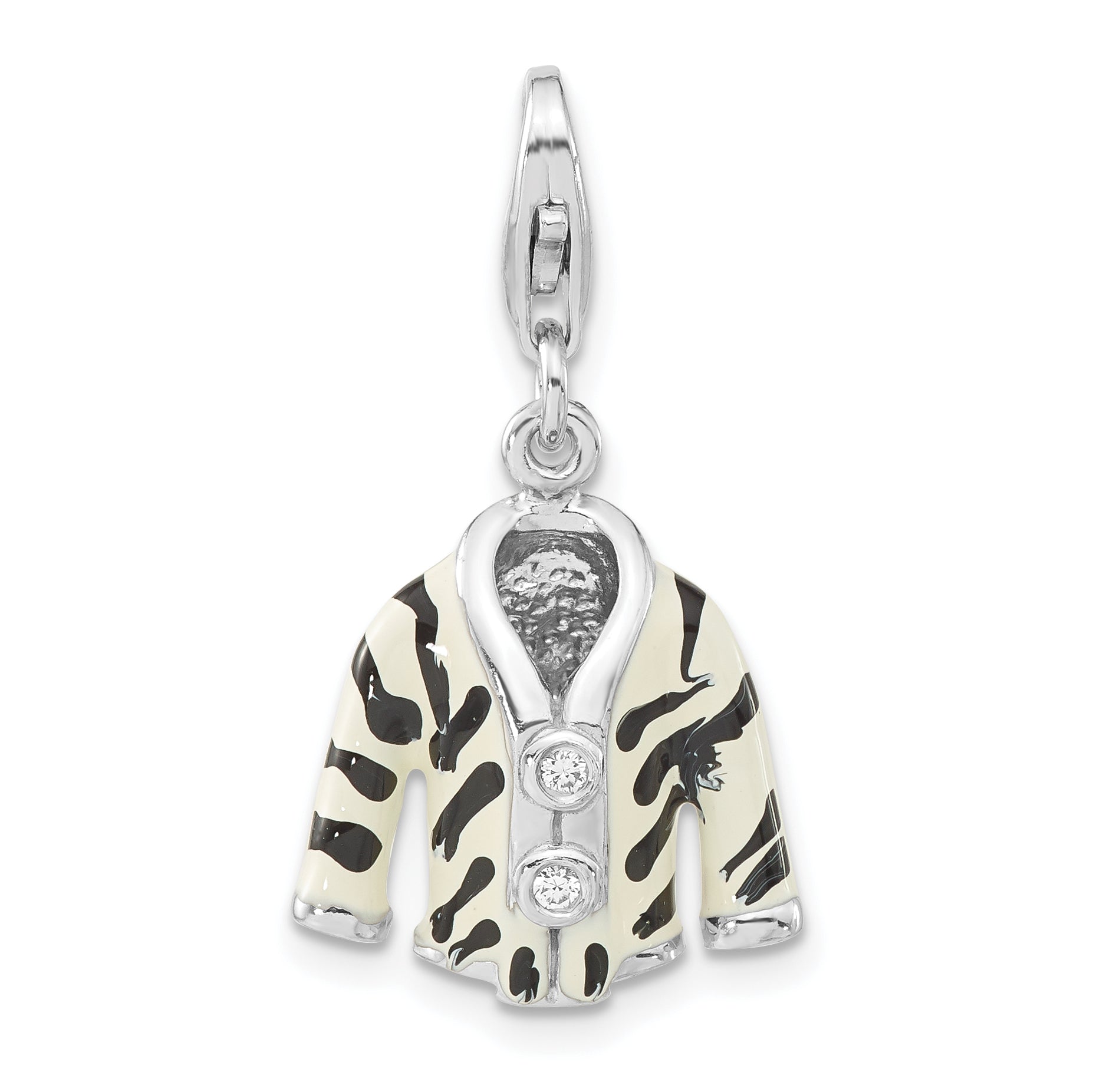 Sterling Silver Polished 3-D Cz & Black/White Enamel Zebra Jacket W/ Lobster Clasp Charm