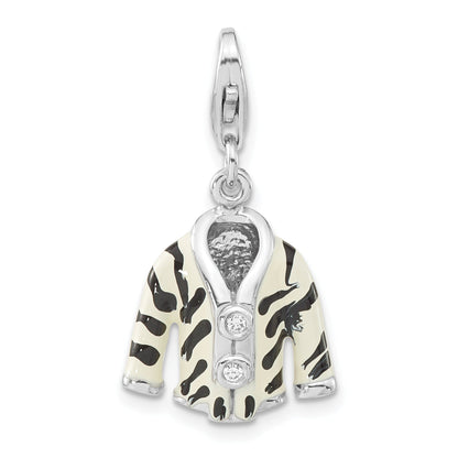 Sterling Silver Polished 3-D Cz & Black/White Enamel Zebra Jacket W/ Lobster Clasp Charm