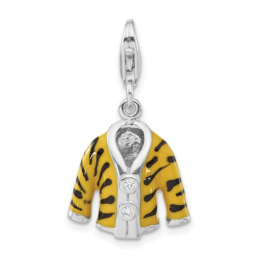 Sterling Silver Polished 3-D Cz & Black/Yellow Enamel Tiger Jacket W/ Lobster Clasp Charm