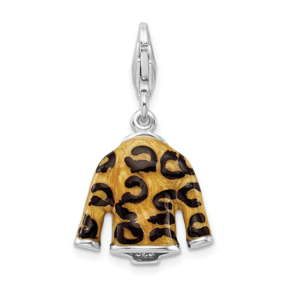 Sterling Silver Amore La Vita Rhodium-Plated Polished 3-D Cz Enameled Leopard Jacket Charm With Fancy Lobster Clasp
