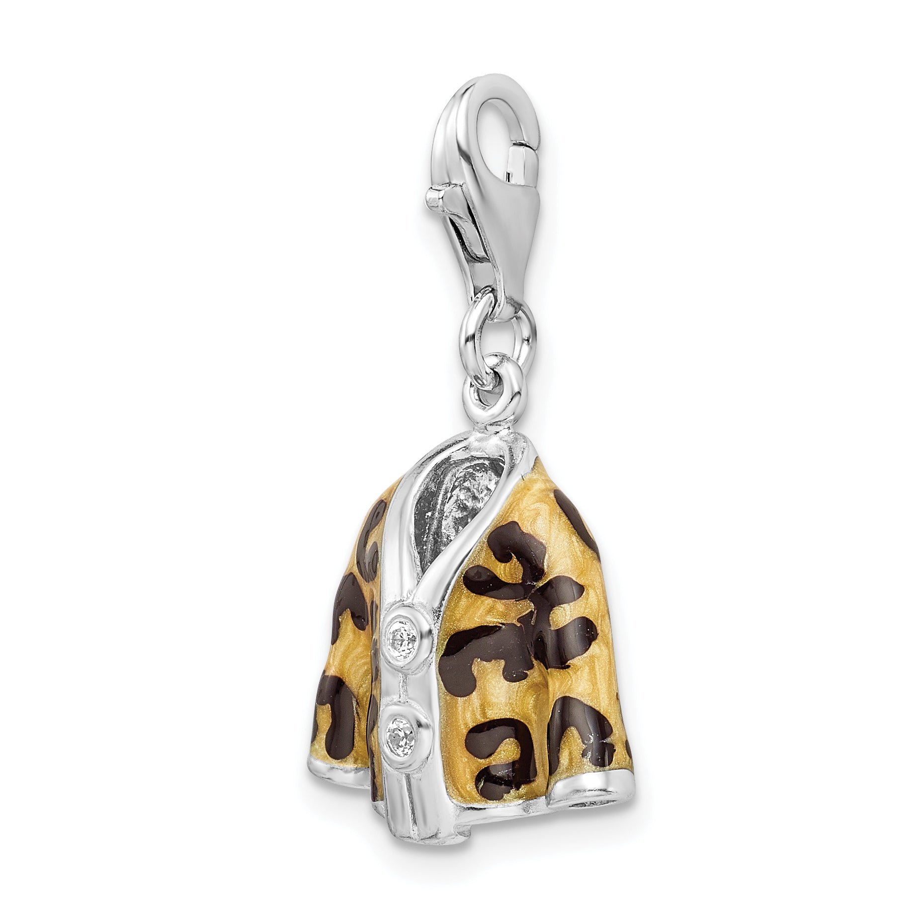 Sterling Silver Amore La Vita Rhodium-Plated Polished 3-D Cz Enameled Leopard Jacket Charm With Fancy Lobster Clasp