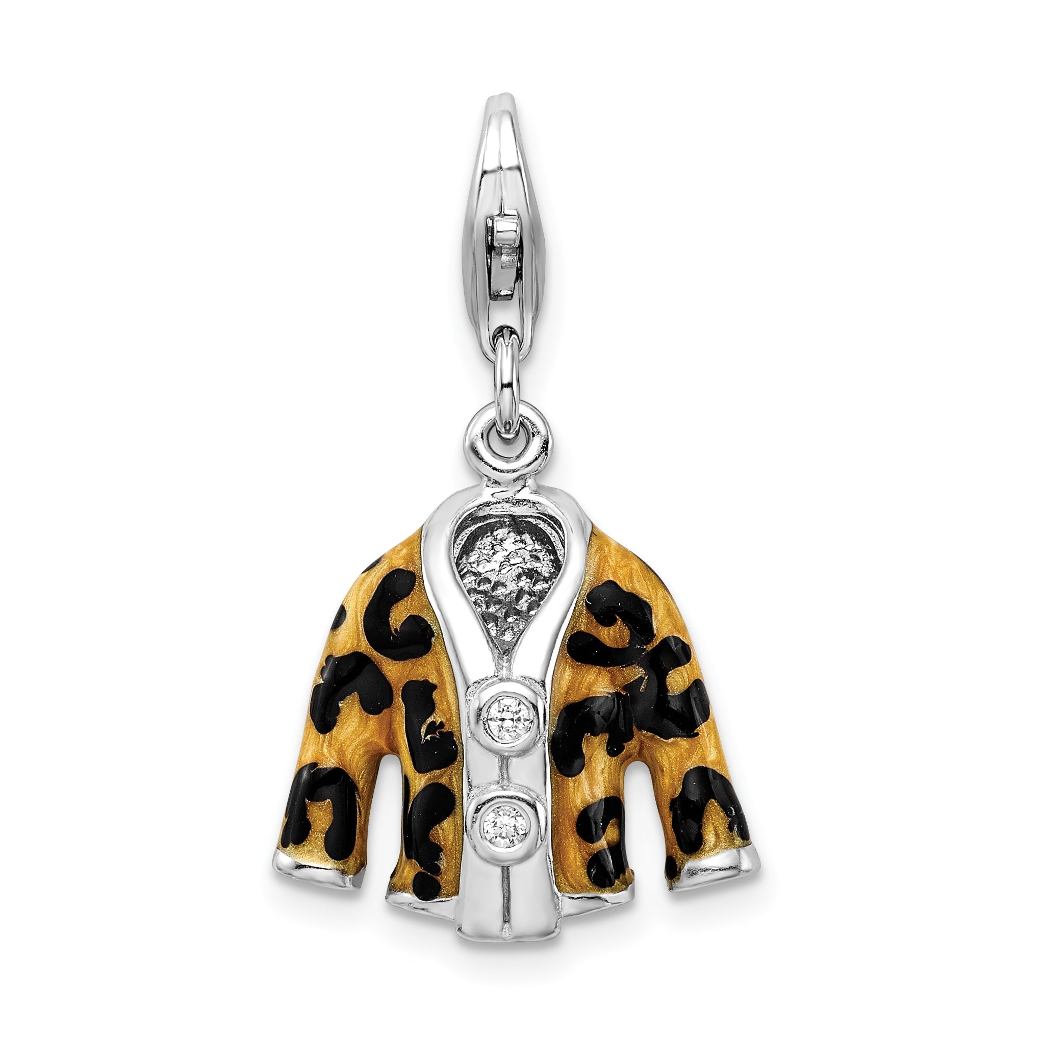 Sterling Silver Amore La Vita Rhodium-Plated Polished 3-D Cz Enameled Leopard Jacket Charm With Fancy Lobster Clasp