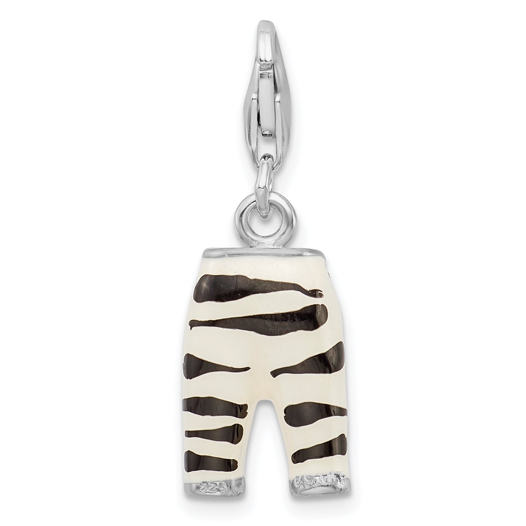 Sterling Silver Amore La Vita Rhodium-Plated Polished 3-D Cz Enameled Zebra Pants Charm With Fancy Lobster Clasp