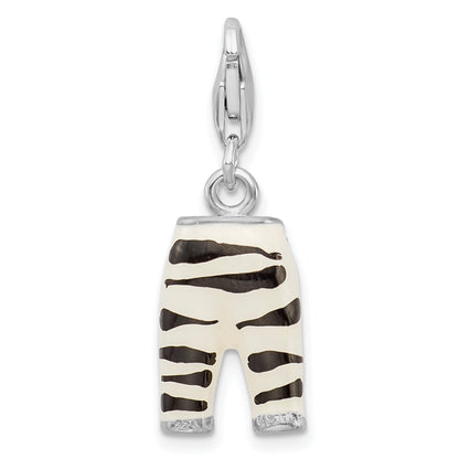 Sterling Silver Amore La Vita Rhodium-Plated Polished 3-D Cz Enameled Zebra Pants Charm With Fancy Lobster Clasp