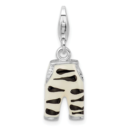 Sterling Silver Amore La Vita Rhodium-Plated Polished 3-D Cz Enameled Zebra Pants Charm With Fancy Lobster Clasp