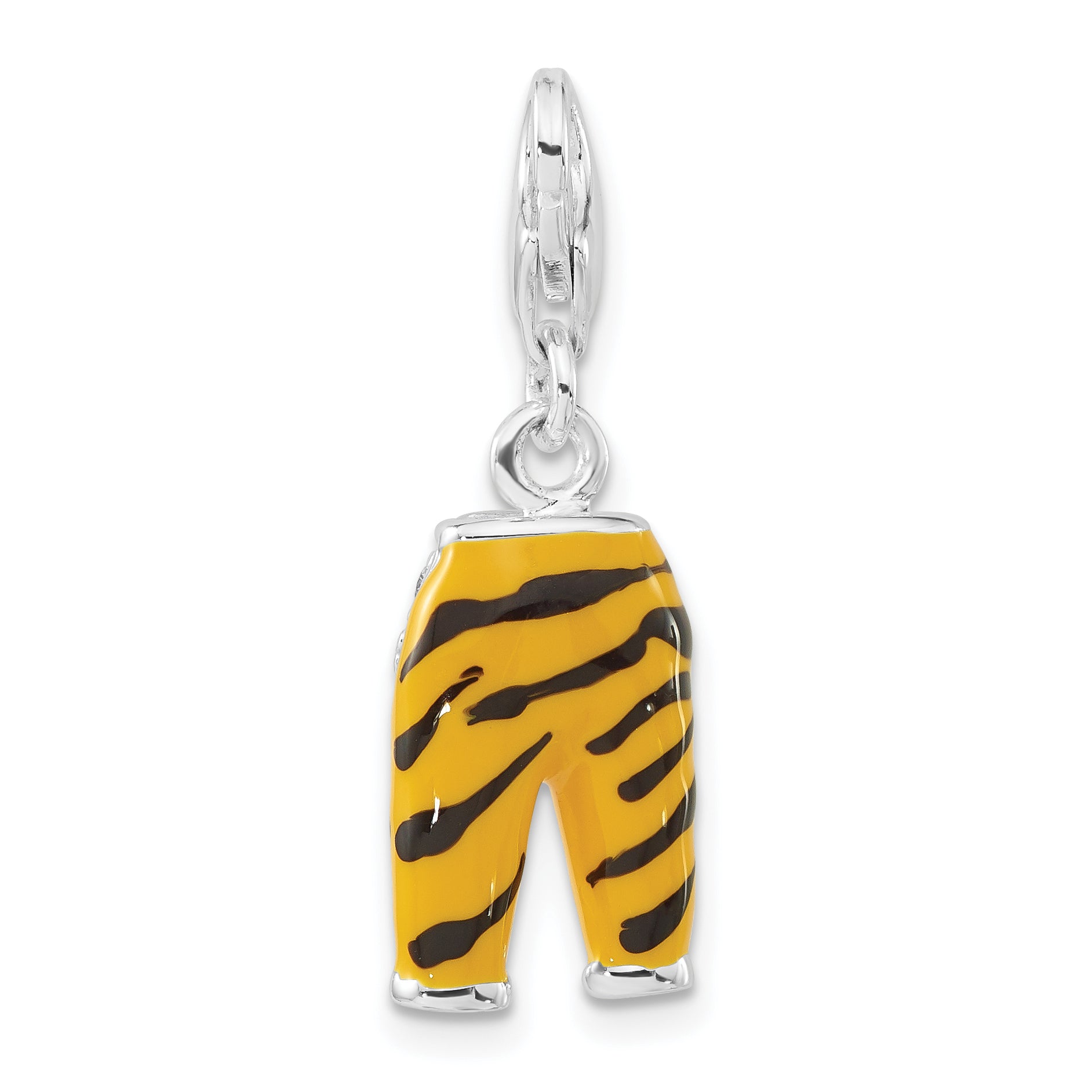 Sterling Silver Polished 3-D Cz & Black/Yellow Enamel Tiger Pants W/ Lobster Clasp Charm