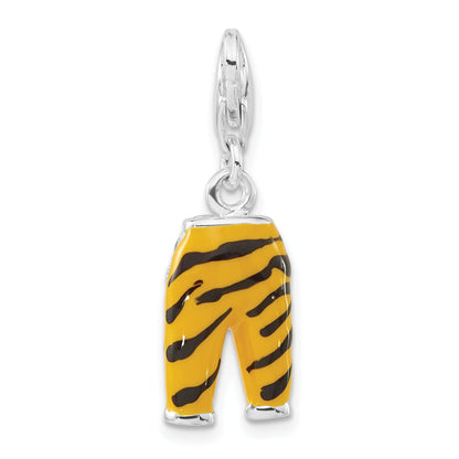 Sterling Silver Polished 3-D Cz & Black/Yellow Enamel Tiger Pants W/ Lobster Clasp Charm