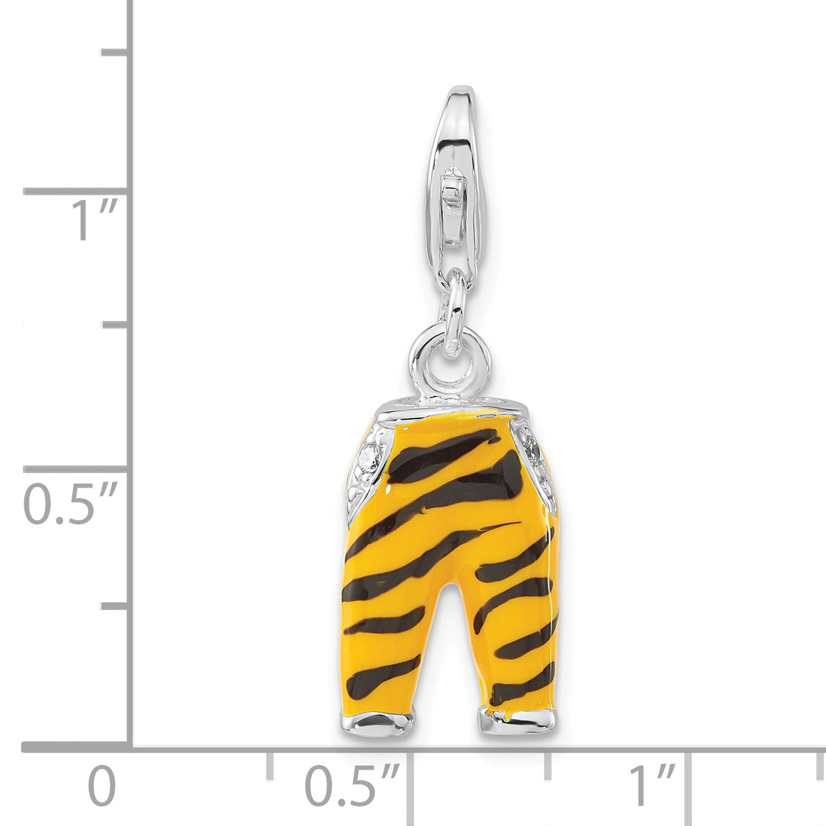 Sterling Silver Polished 3-D Cz & Black/Yellow Enamel Tiger Pants W/ Lobster Clasp Charm