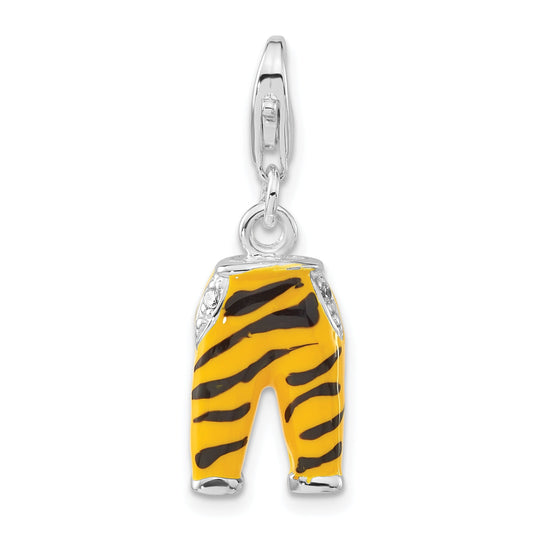 Sterling Silver Polished 3-D Cz & Black/Yellow Enamel Tiger Pants W/ Lobster Clasp Charm
