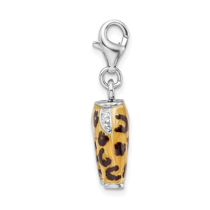 Sterling Silver Amore La Vita Rhodium-Plated Polished 3-D Cz Enameled Leopard Pants Charm With Fancy Lobster Clasp