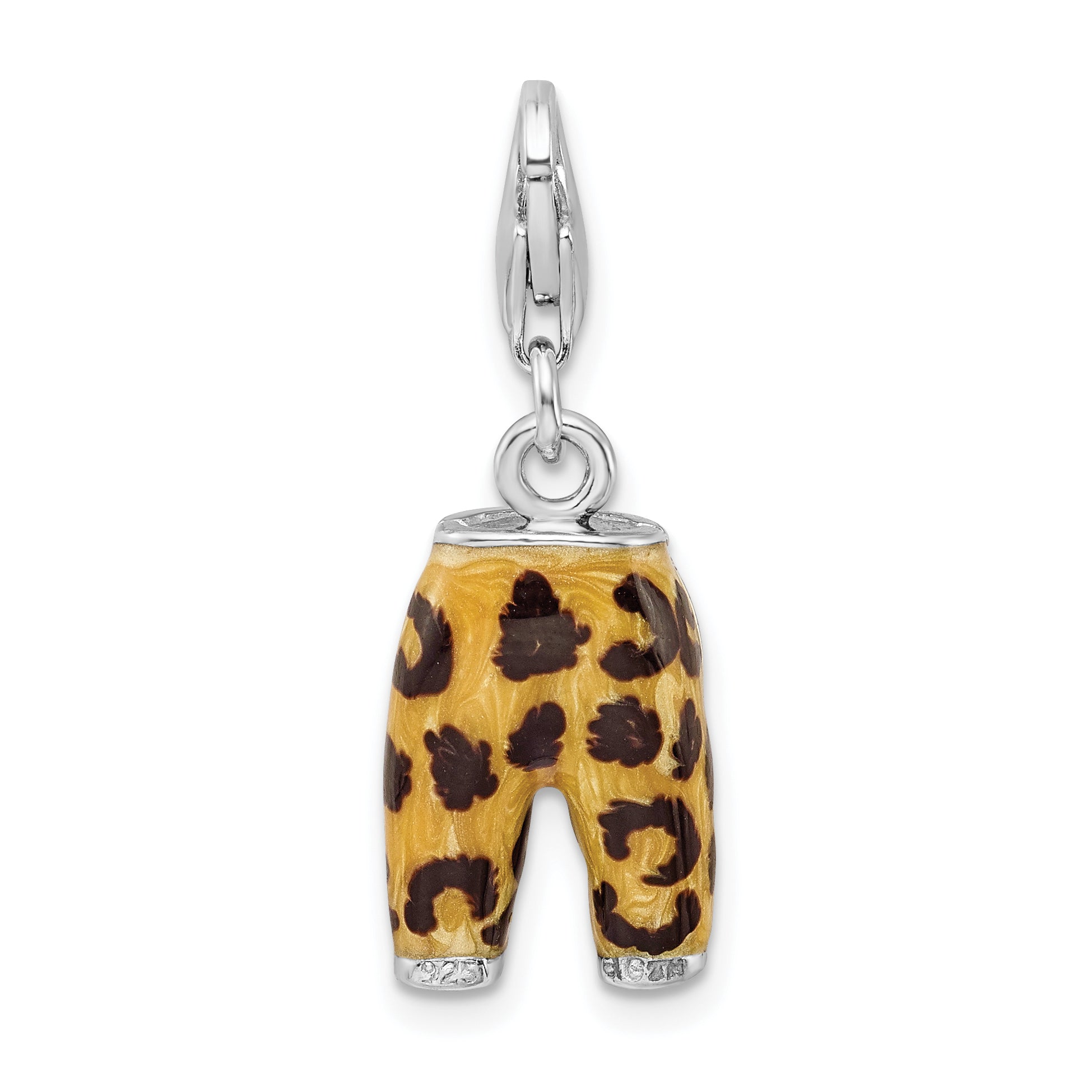 Sterling Silver Amore La Vita Rhodium-Plated Polished 3-D Cz Enameled Leopard Pants Charm With Fancy Lobster Clasp