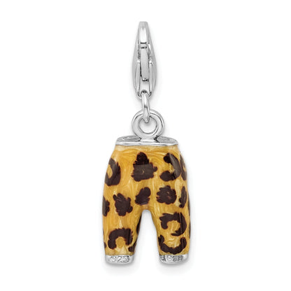 Sterling Silver Amore La Vita Rhodium-Plated Polished 3-D Cz Enameled Leopard Pants Charm With Fancy Lobster Clasp